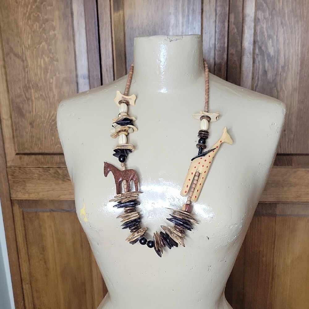Vintage Hand Carved African Safari Wood Necklace